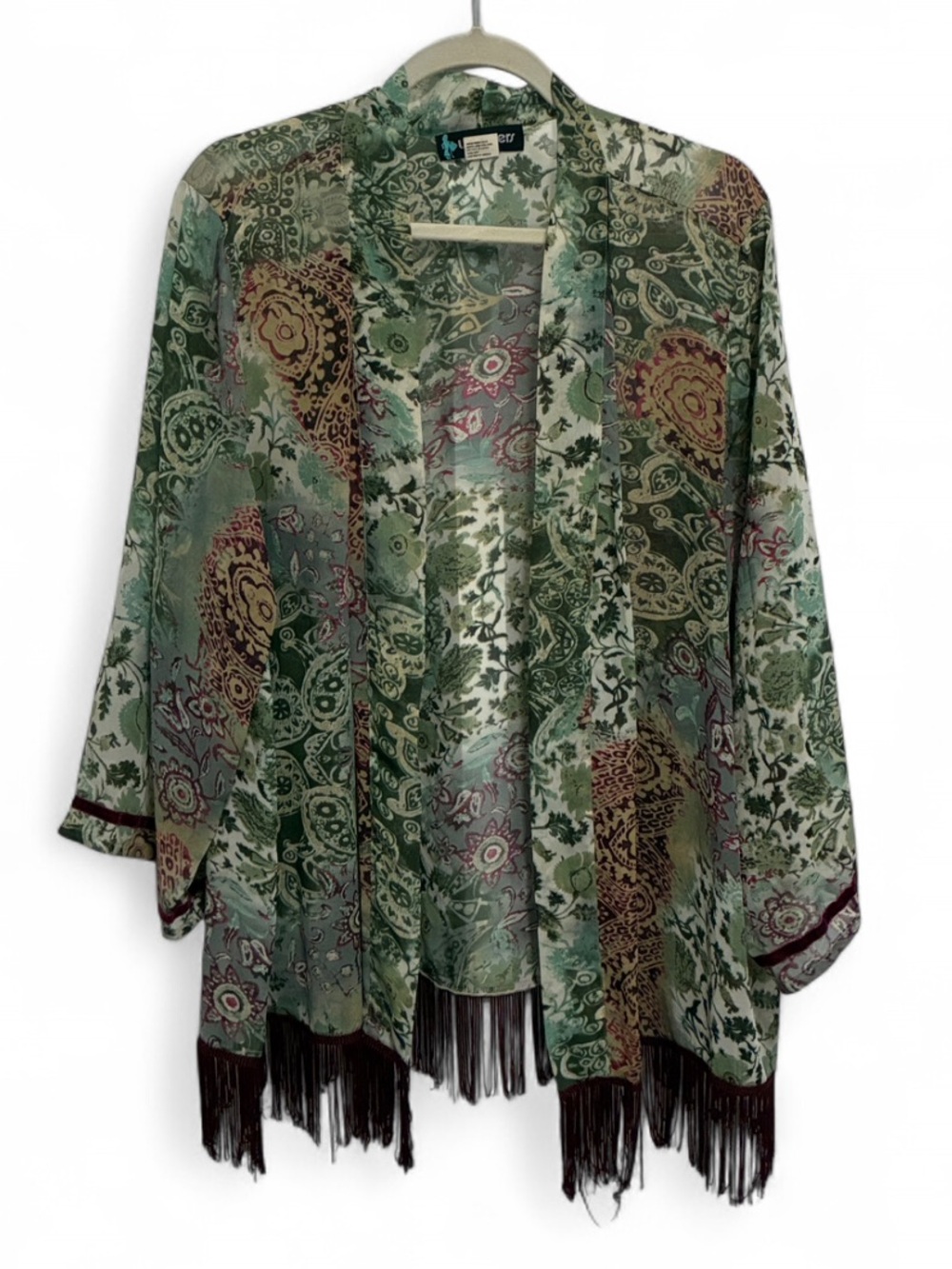 Y2K Weavers Green Paisley Boho Fringe Trim Open Front Kimono